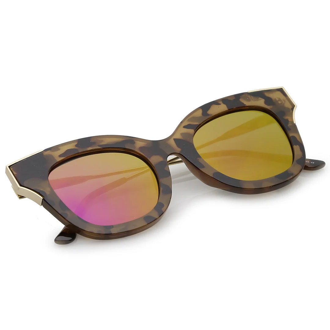 Oversize Slim Temple Metal Square Mirrored Flat Lens Cat Eye glasses 48mm