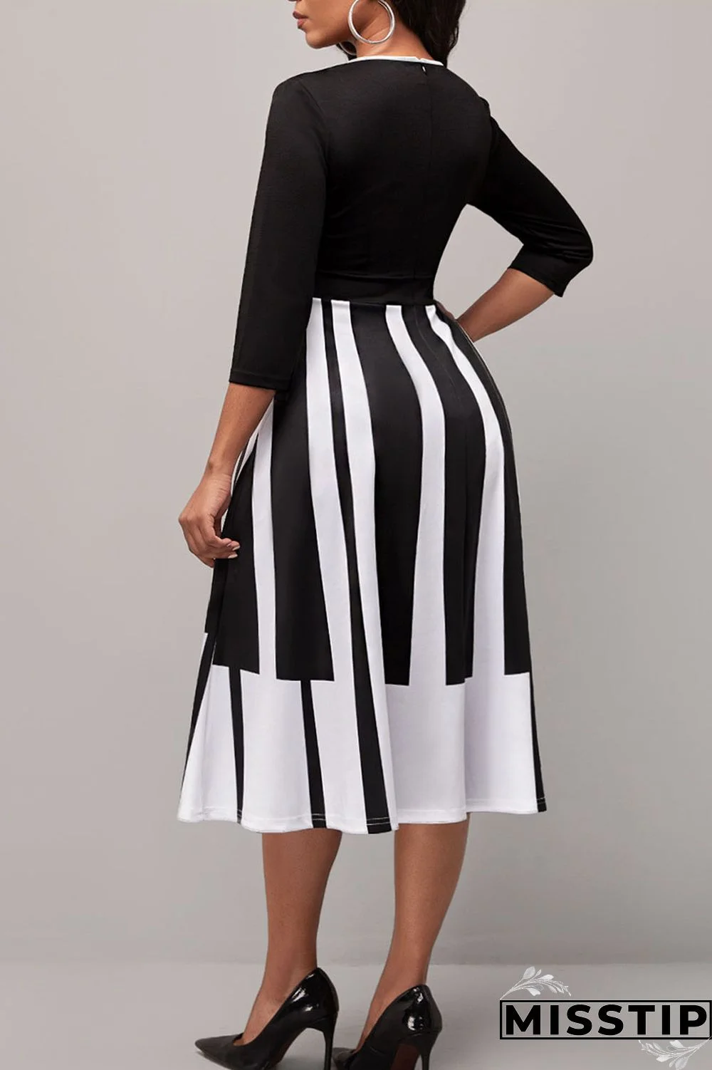 Black Casual Elegant Print Patchwork V Neck A Line Dresses