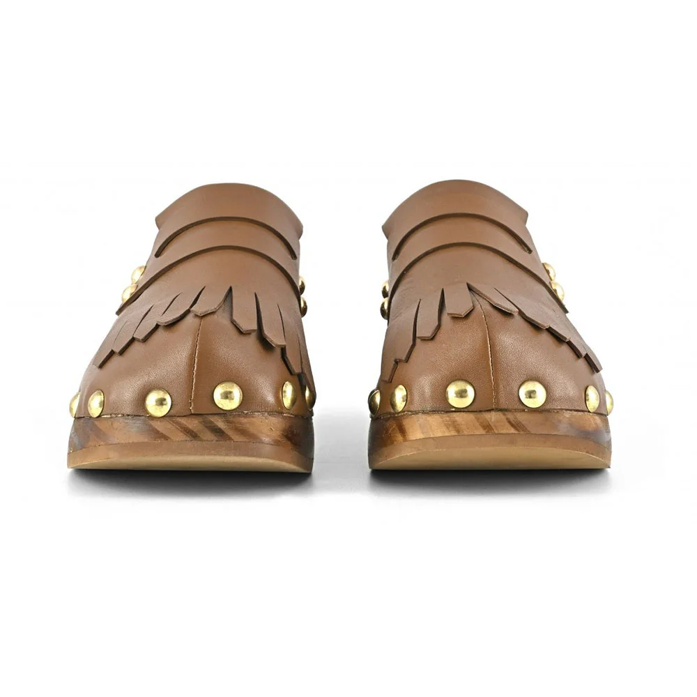 Brown Faux Leather Round Toe Clog Studded Fringe Platform Mules