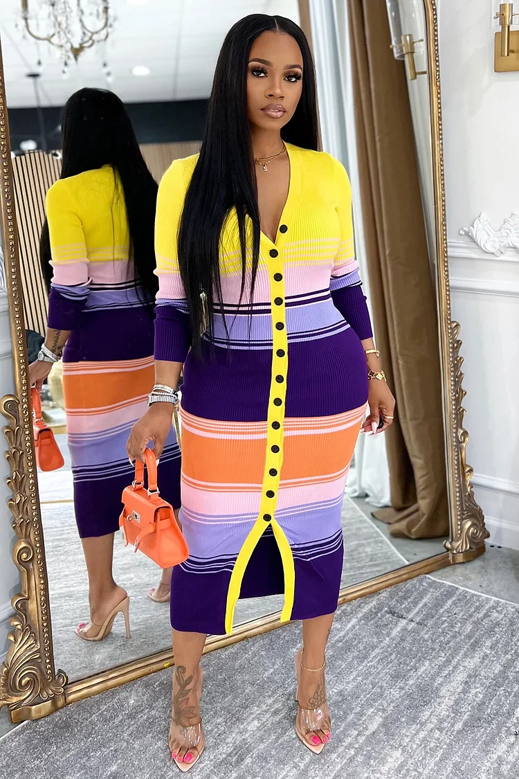 Colorblock Knit Button Up V Neck Slim-Fit Midi Dresses-Yellow [Pre Order]
