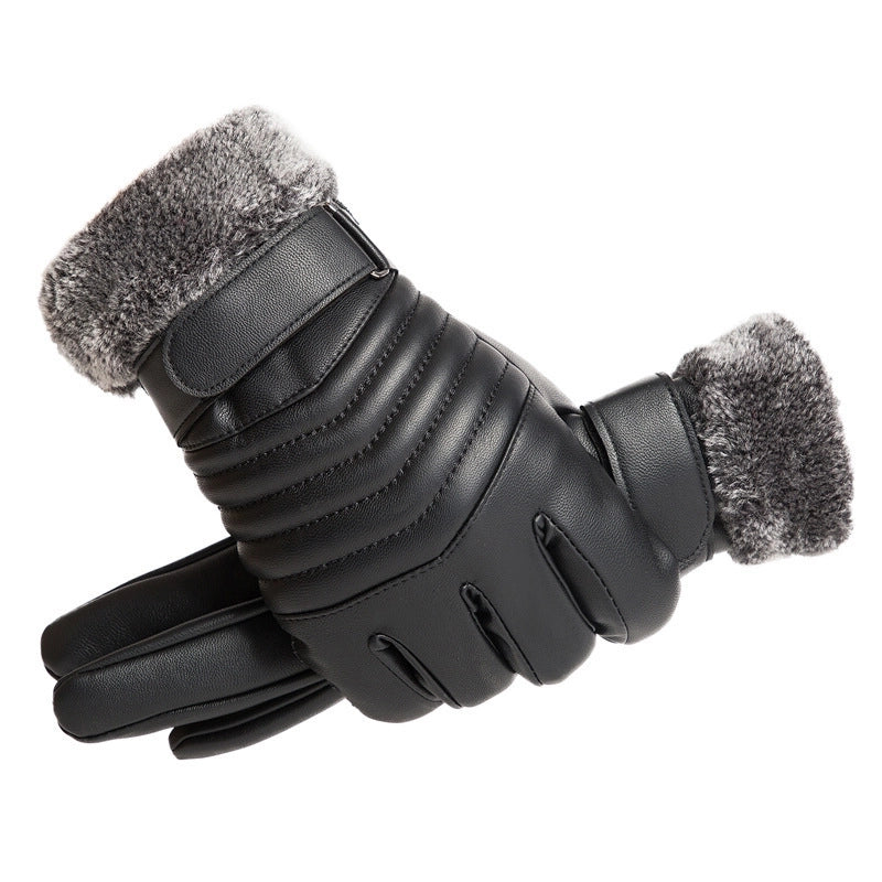 Gloves Winter Men’s Wool Mouth Plus Velvet Warm Gloves Outdoor Riding Motorcycle PU Touch Screen Cotton Gloves
