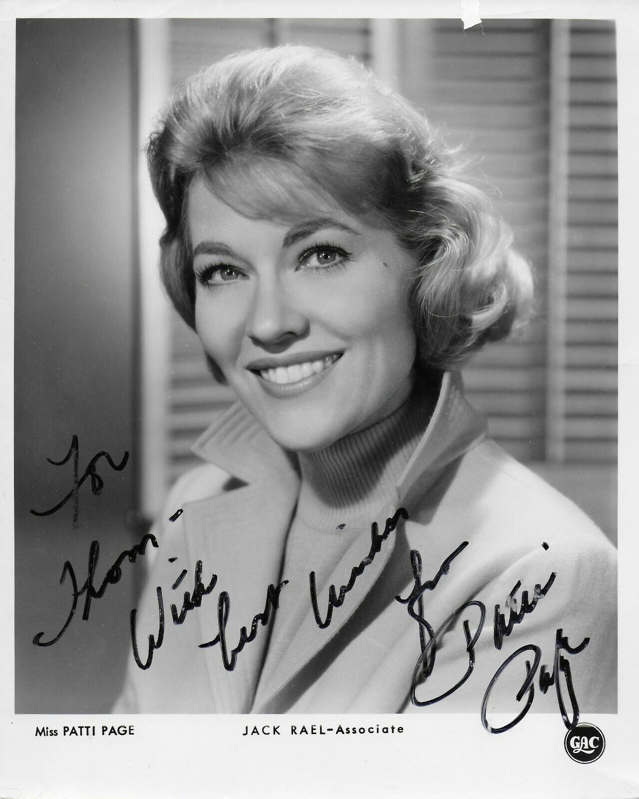 Patti Page Autographed Vintage 8X10 Photo Poster painting (Signature personalized to Thom)