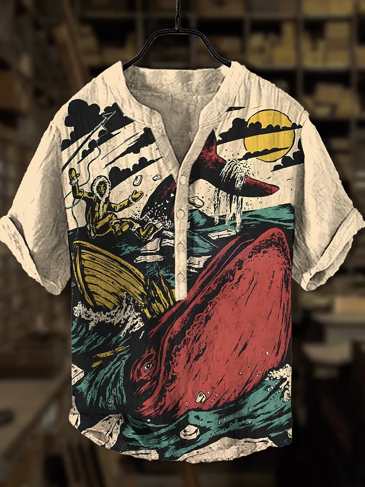 Men's Whale Shipwreck Print Half Button Shirt