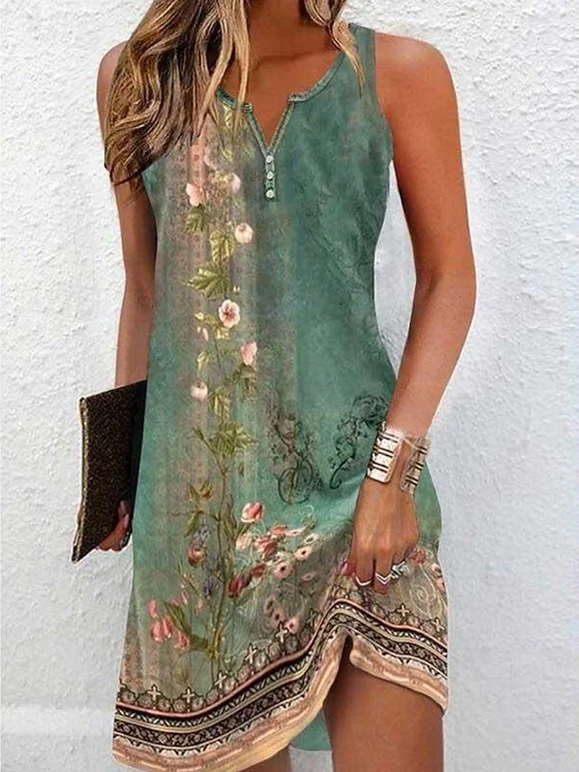 Women's Tank Dress Floral Button Print V Neck Mini Dress Boho Vacation Beach Sleeveless Summer