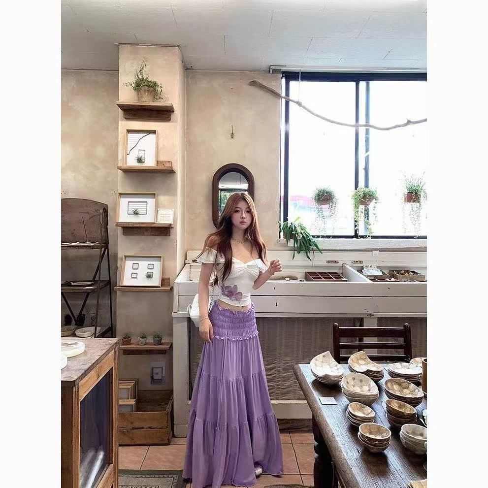 Purple ruffled high-waisted skirt for women, summer loose slimming skirt, gentle and elegant style outfit
