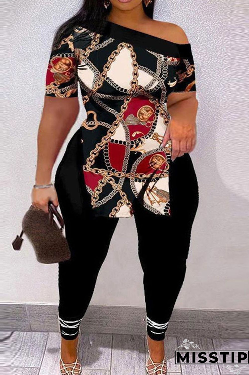 Black And White Casual Print Patchwork Slit Oblique Collar Short Sleeve Two Pieces