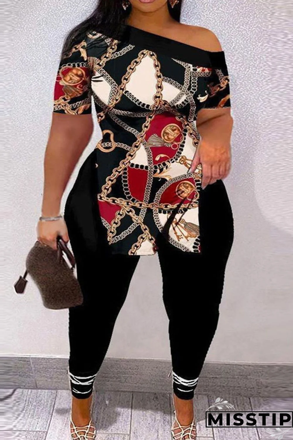 Black And White Casual Print Patchwork Slit Oblique Collar Short Sleeve Two Pieces