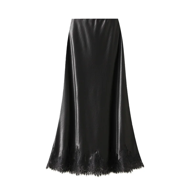 Nigikala Nigikala Lace Stitched Silk Half-Body Dress 2025 Spring New Dredish A-Word Long Dress Woman 9837