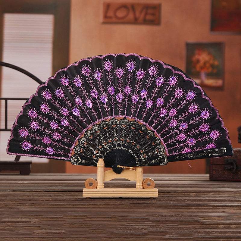 Black Rod Sequin Fan Embroidery Fan Dancing Folding Fan Peacock Fan Gift Folding Fan Fan Wing Chun Fan