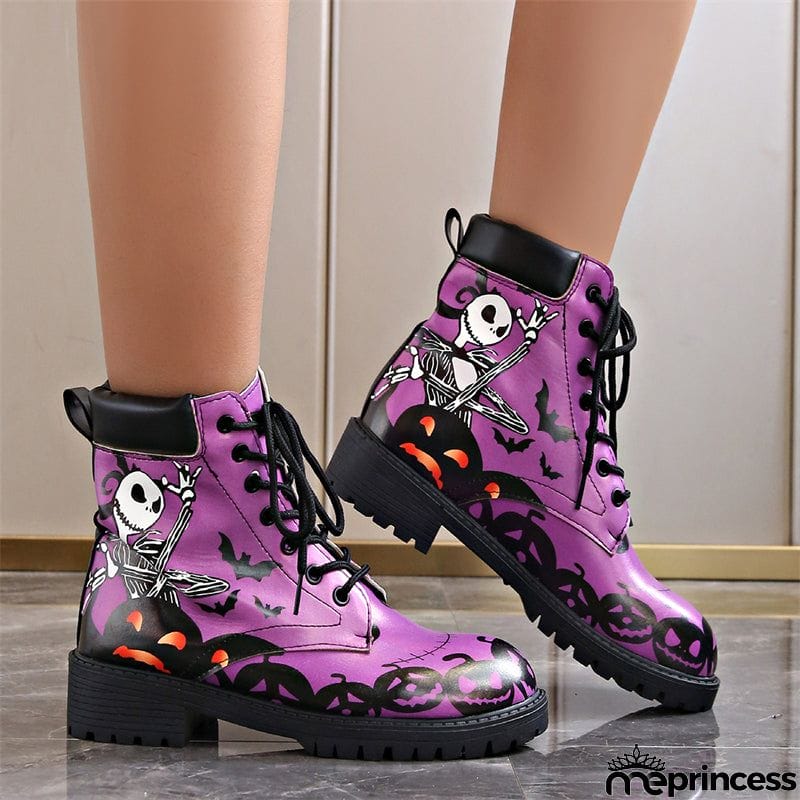 Halloween Element Printed Women's Lace-up Round Toe Martin Boots