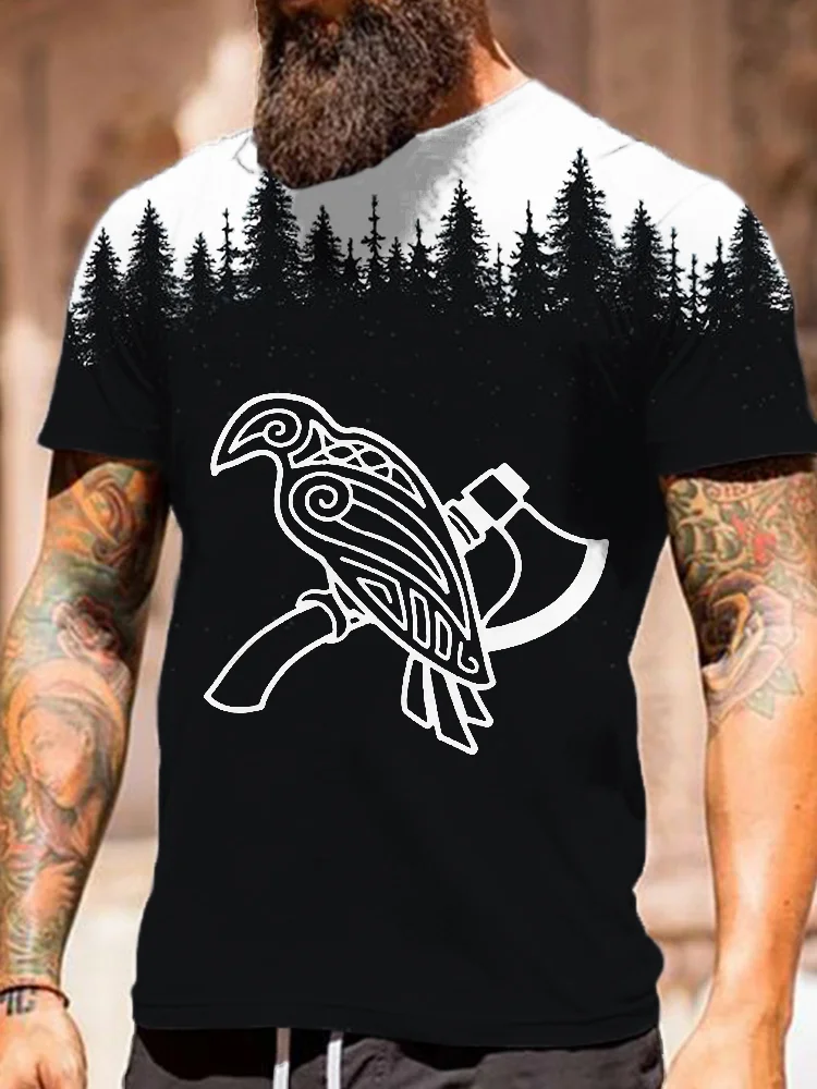 BrosWear Men's Viking Raven Forest Contrast Short Sleeve T Shirt