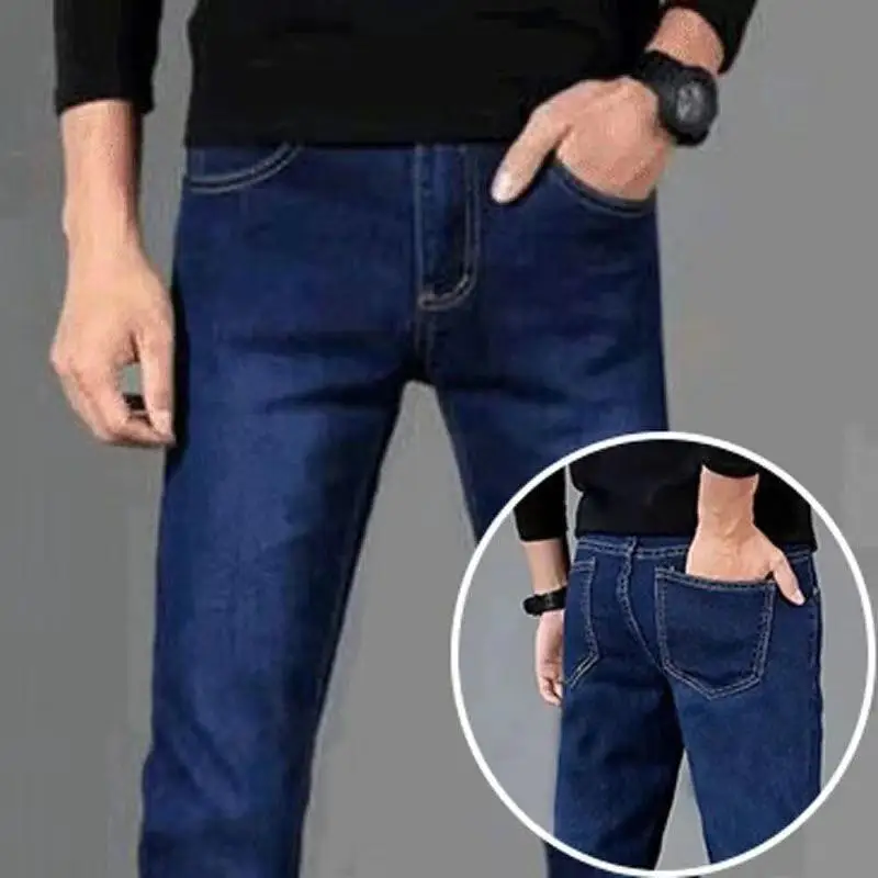 Eastmentires Men's Brushed Jeans Luxury Winter Jeans Velvet Fleece Man Thermal Warm Korean Versatile Elastic Plush Thicken Slim Pencil Pants