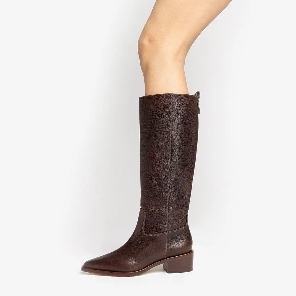 Women's Mid Block Heel Chocolate Brown Slip On Pointed Toe Boots
