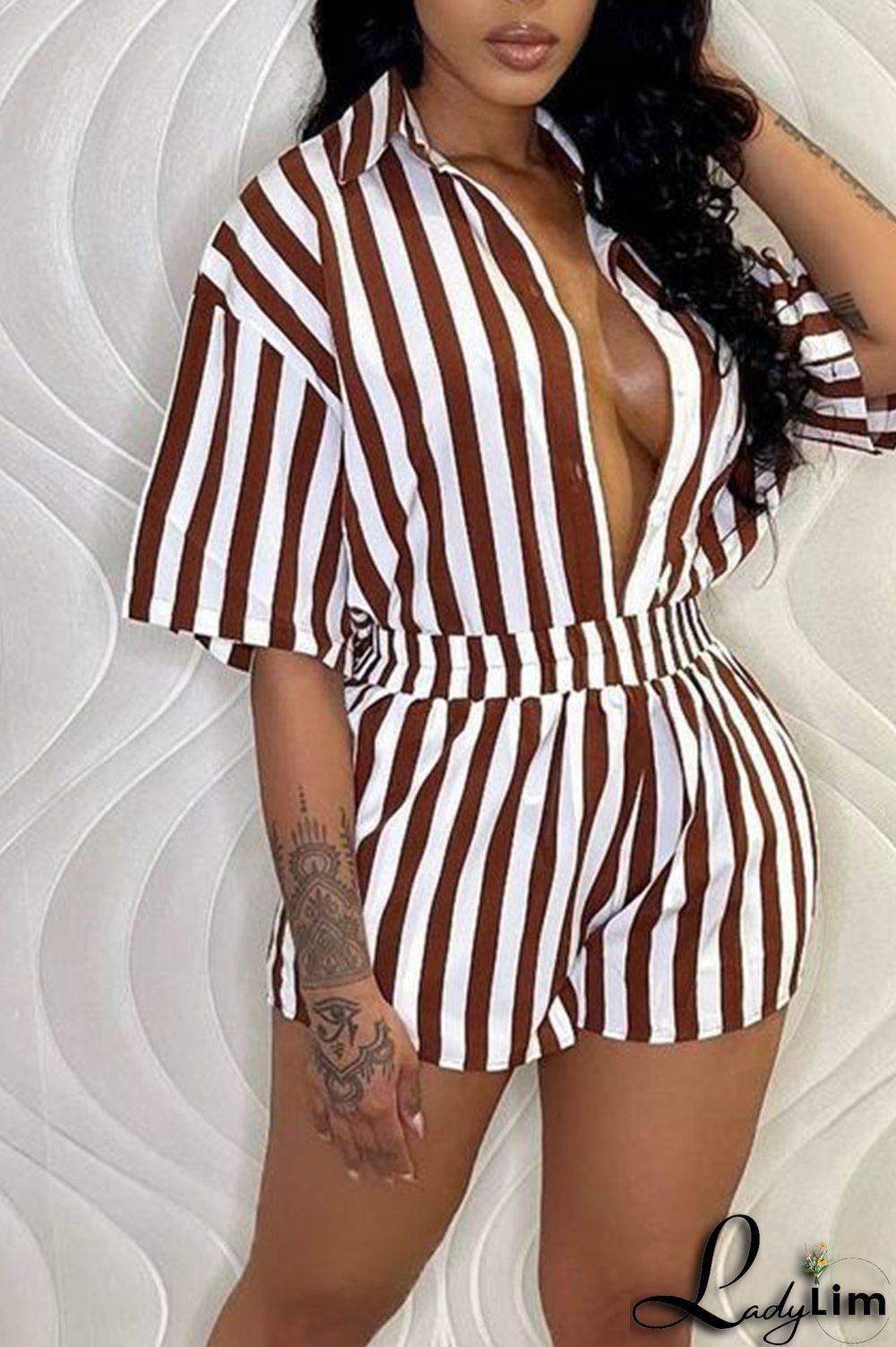 Green Casual Striped Print Patchwork Buckle Turndown Collar Short Sleeve Two Pieces