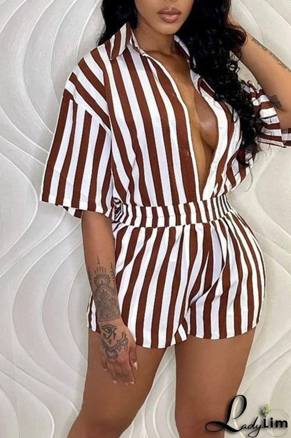 Green Casual Striped Print Patchwork Buckle Turndown Collar Short Sleeve Two Pieces