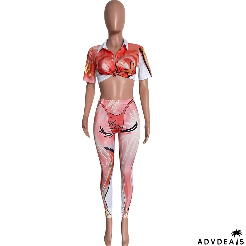 Fashion Two Piece Summer Print Chic Sweet Short Sleeve Pants Set