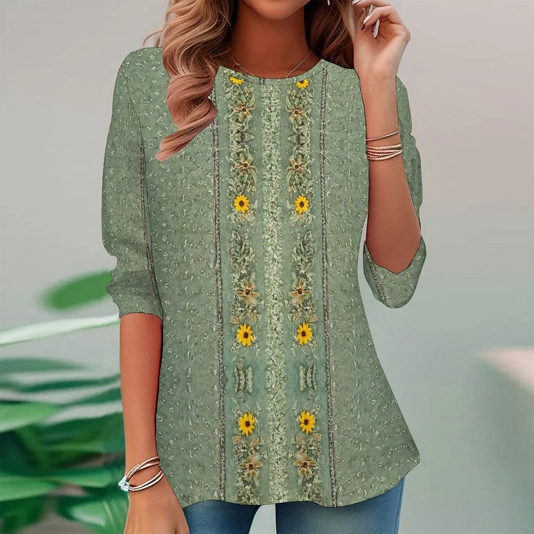 Vintage Printed Long Sleeve Plus Size Tunic for  Women and Men Unisex Pattern Green,Floral,Vintage