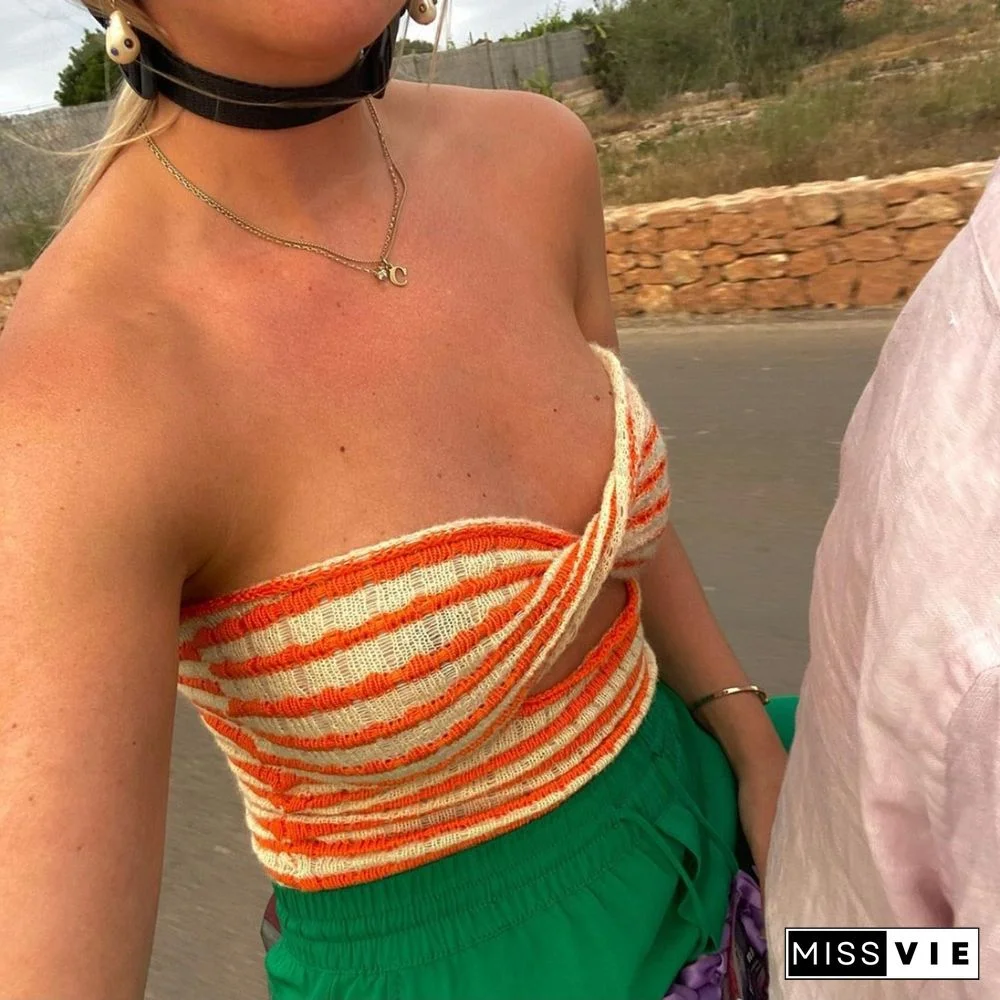 Knitted Sweaters Cut Out Sexy Strapless Crop Tops For Women Fashion Backless Cropped Tanks Top Holiday Streetwear