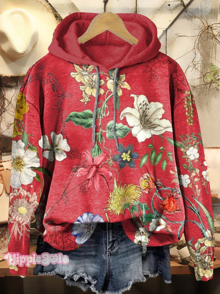 Vintage Floral Print Casual Hoodie Sweatshirt Multicolor / S