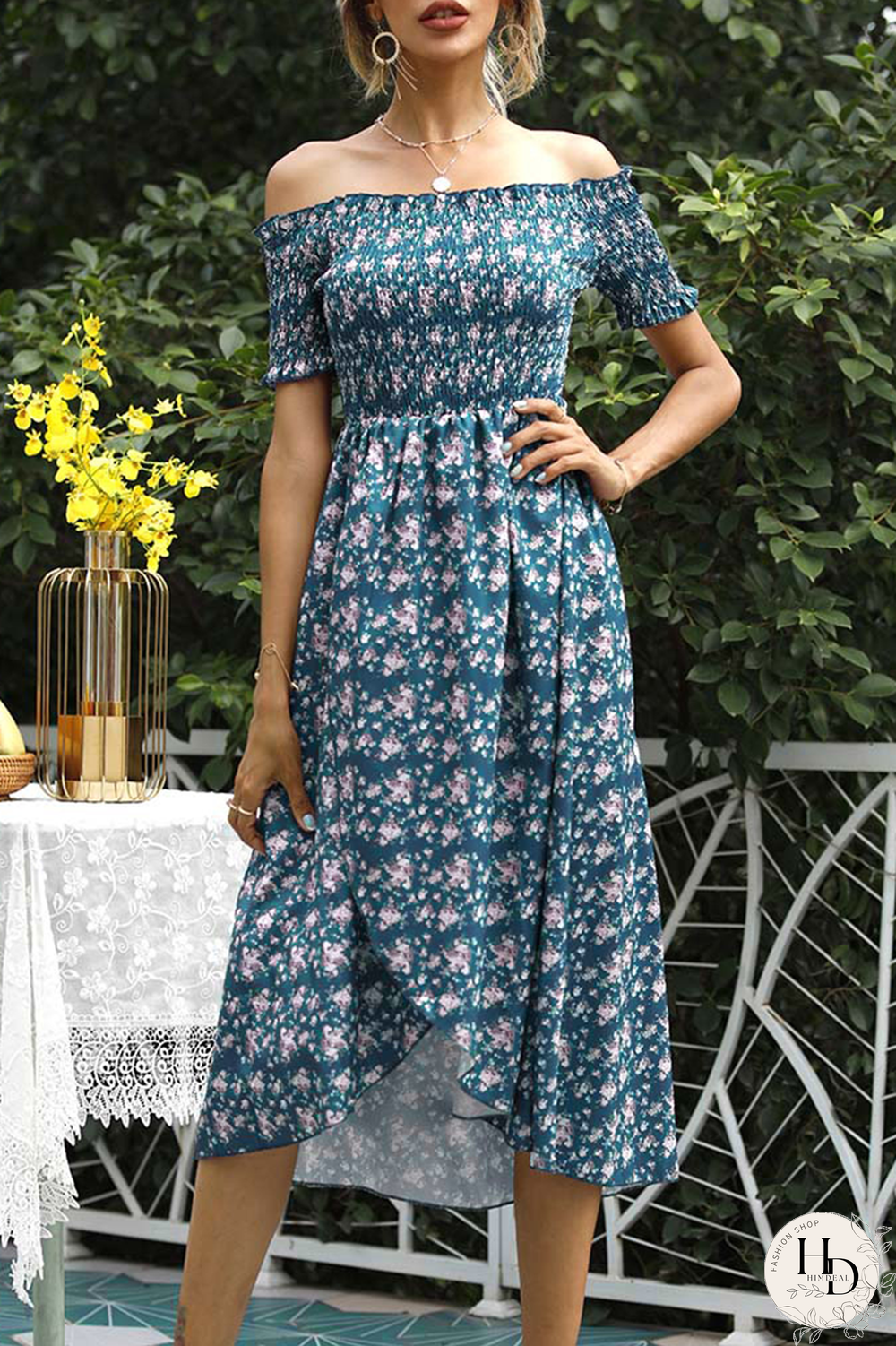 Elegant Floral Split Joint Off the Shoulder A Line Dresses