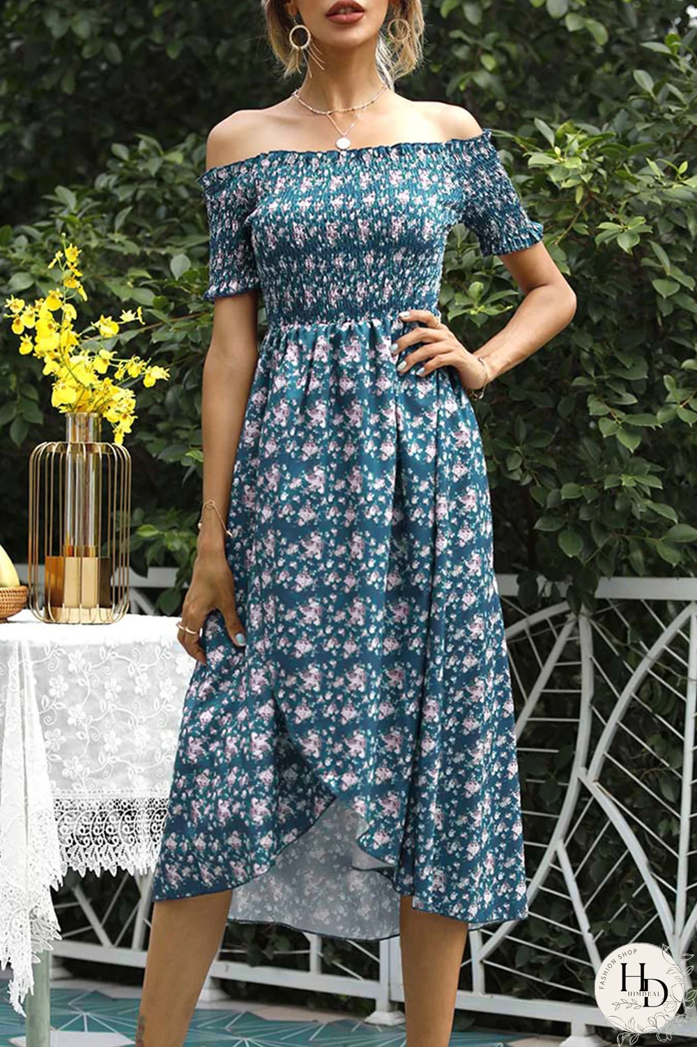 Elegant Floral Split Joint Off the Shoulder A Line Dresses