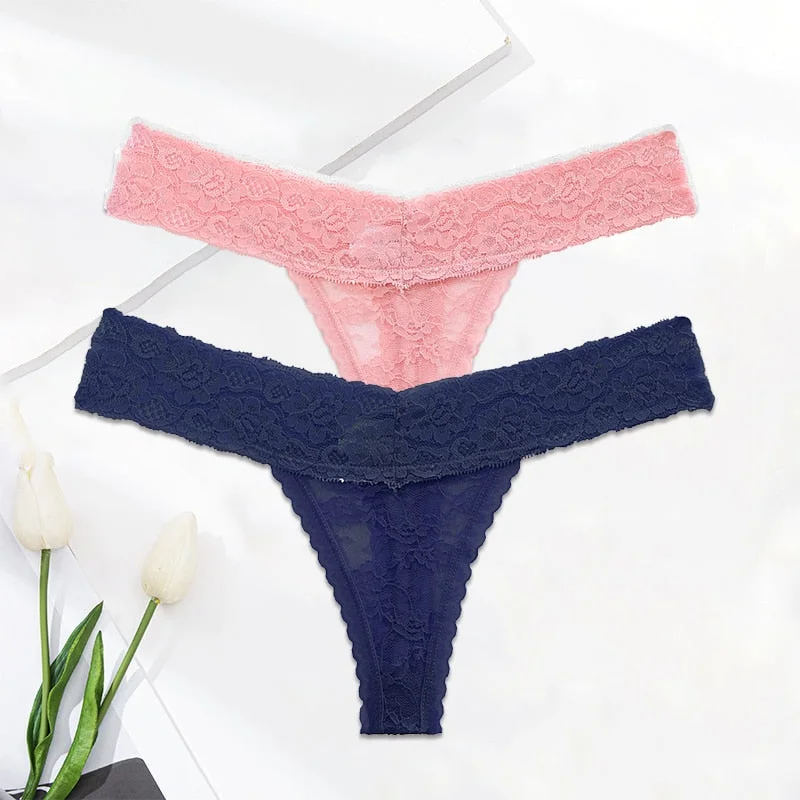 FINETOO 2PCS/Set M-XL Lace G-string Thong Panties for Woman Sexy Floral Underwear Transparent Women's Underpants Female Lingerie