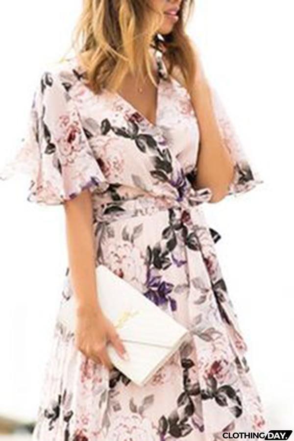 Sexy Short Sleeves Floral Print Vacation Maxi Dress