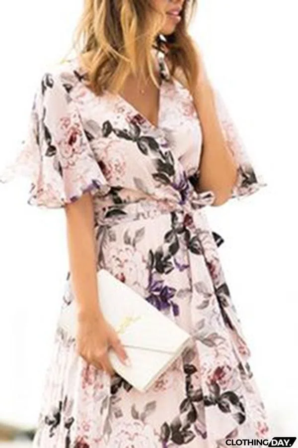 Sexy Short Sleeves Floral Print Vacation Maxi Dress