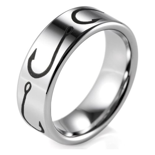 Silver Tungsten Wedding Bands With Black Laser Etched Fisherman Fishing Hooks Pattern Rings For Men Women