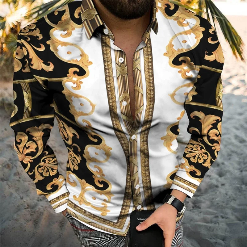 Aonga -  Retro Printing Long Sleeve Men Shirts Spring Autumn Casual Turn-down Collar Button Cardigan Tops Mens Fashion Clothes Streetwear