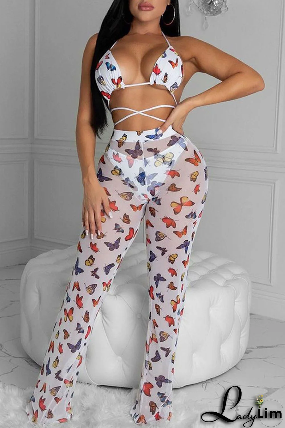 Pink Sexy Print Split Joint Flounce Halter Sleeveless Two Pieces