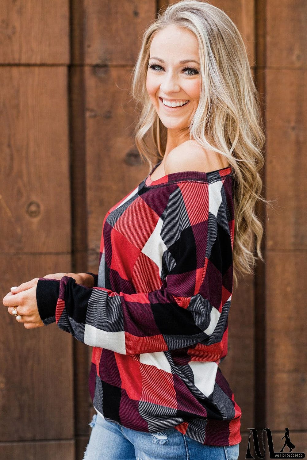 MidiSono - Round Neck Plaid Long Sleeve Pullover Top