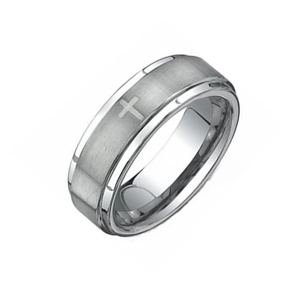 4MM 6MM 8MM 10MM Mens Silver Tungsten Carbide Center Brushed Cross Laser Wedding Bands