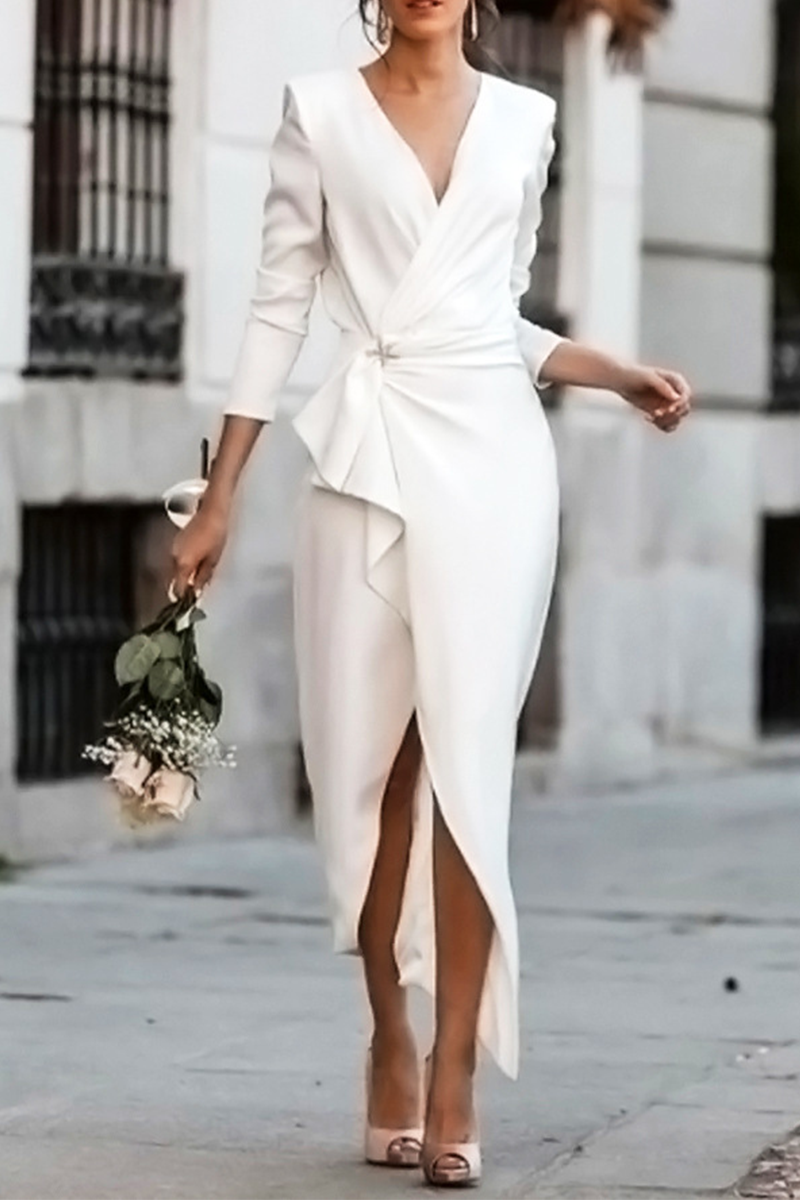 Elegant Solid Asymmetrical V Neck Pencil Skirt Dresses(6 Colors)
