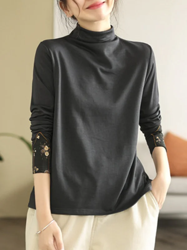 Minimalist Roomy Long Sleeves Velvet Split-Joint Pure Color High-Neck T-Shirts Tops
