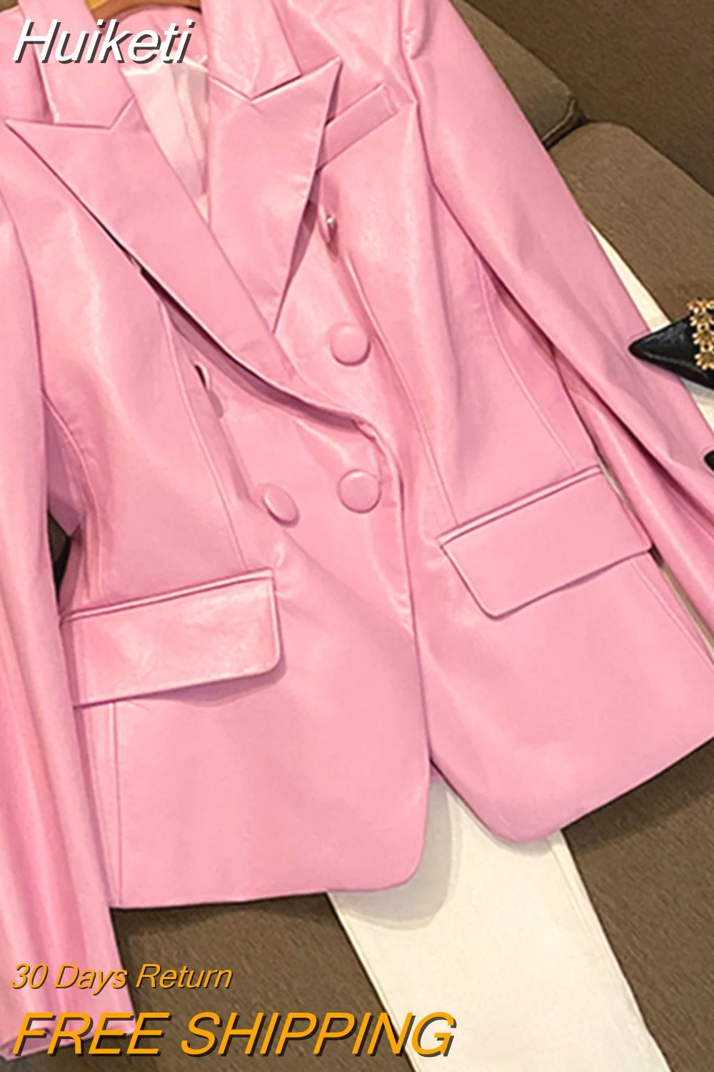 Huiketi Spring Stylish Short Pink Soft Pu Leather Blazer Long Sleeve Slim Fit Luxury Jackets for Women 2023 Elegant Fashion 5xl