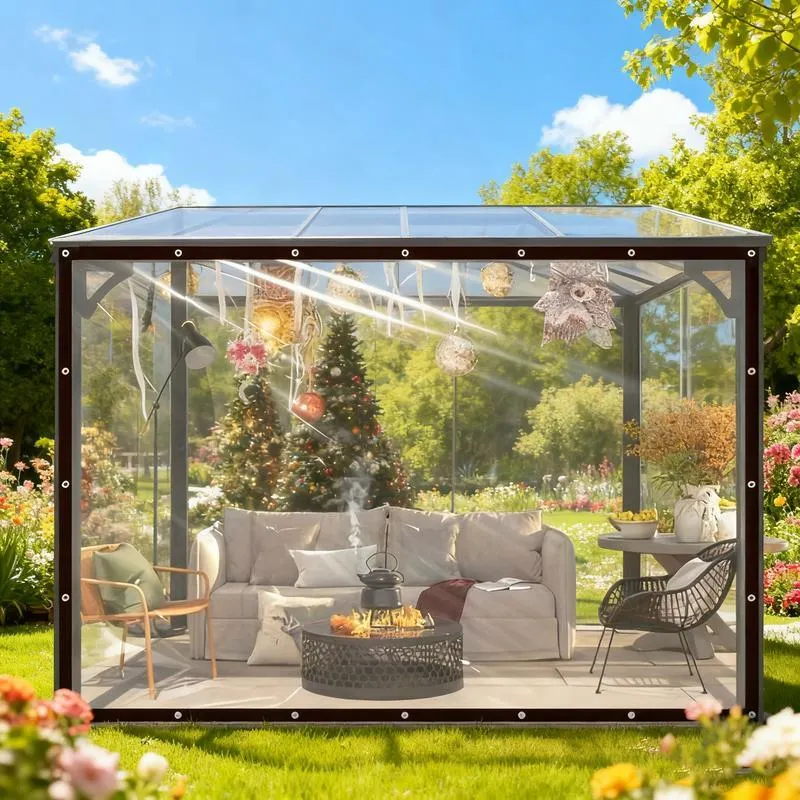 Clear waterproof tarp used around a porch or outdoor living area