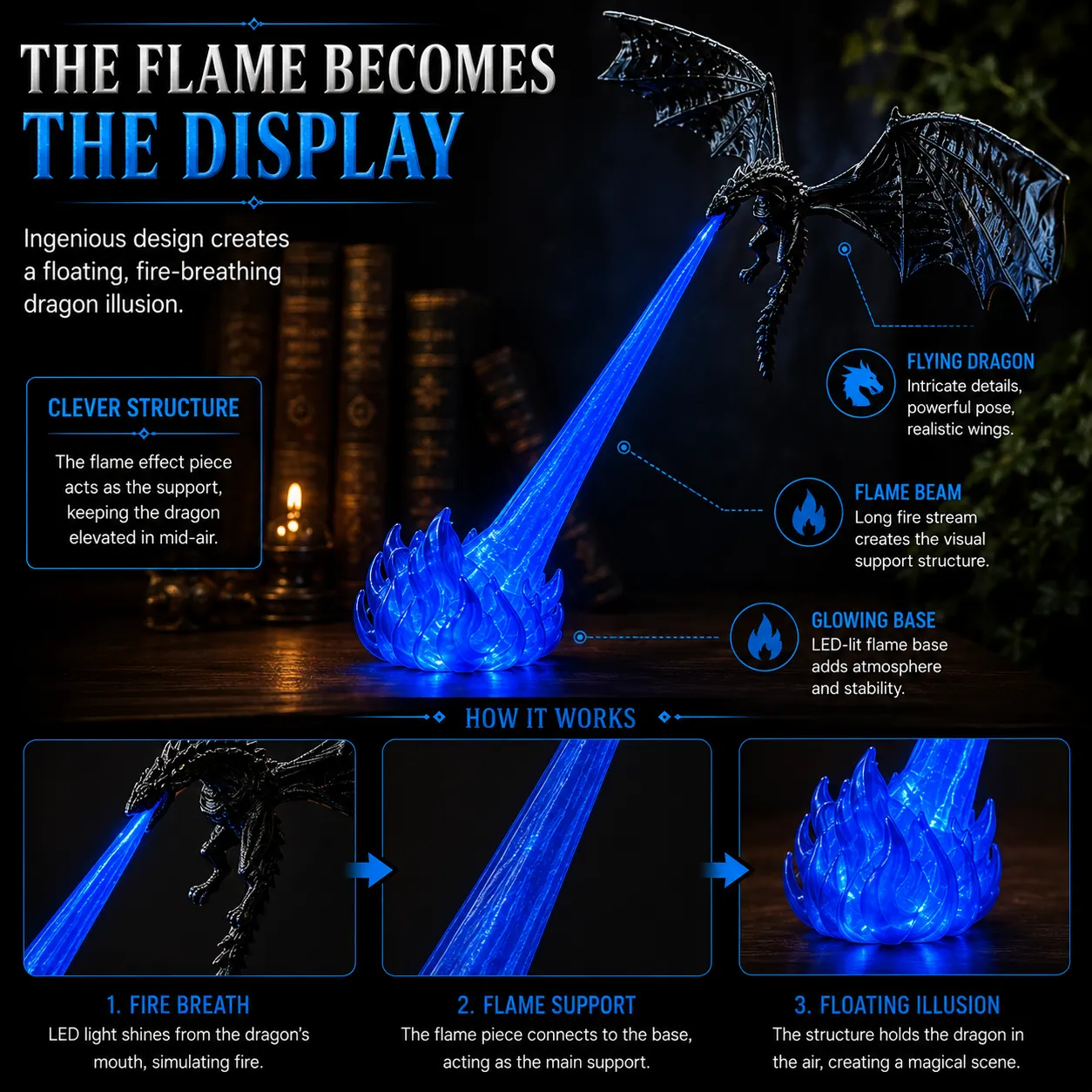 Floating dragon illusion supported by illuminated flame