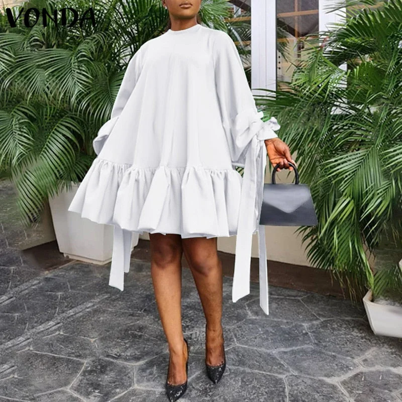 Women Elegant Cocktail Party Dress 2022 VONDA Summer Sundress Holiday Summer Stand Collar Vestido Oversized Robe Femme