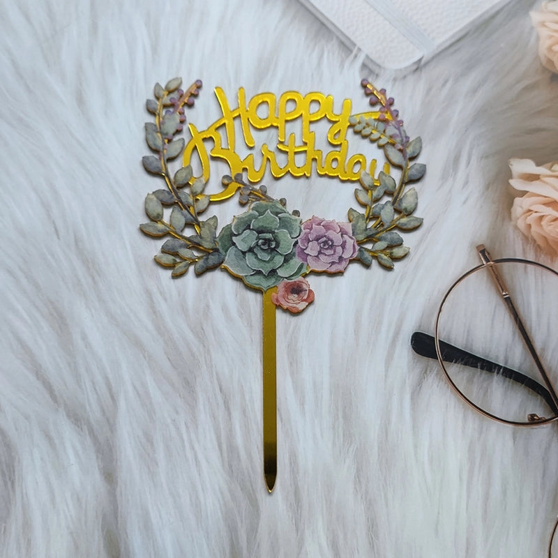 Acrylic Cake Topper Ins Style Floral Uv Color Printing Happy Birthday Dessert Decoration Plugin