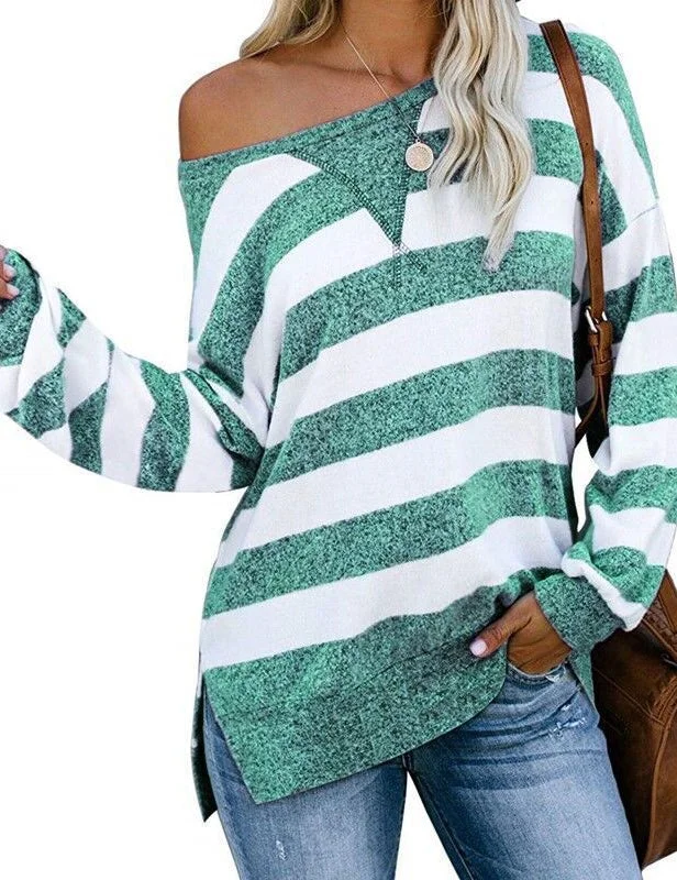One Shoulder Striped Color Block Women's T-Shirt