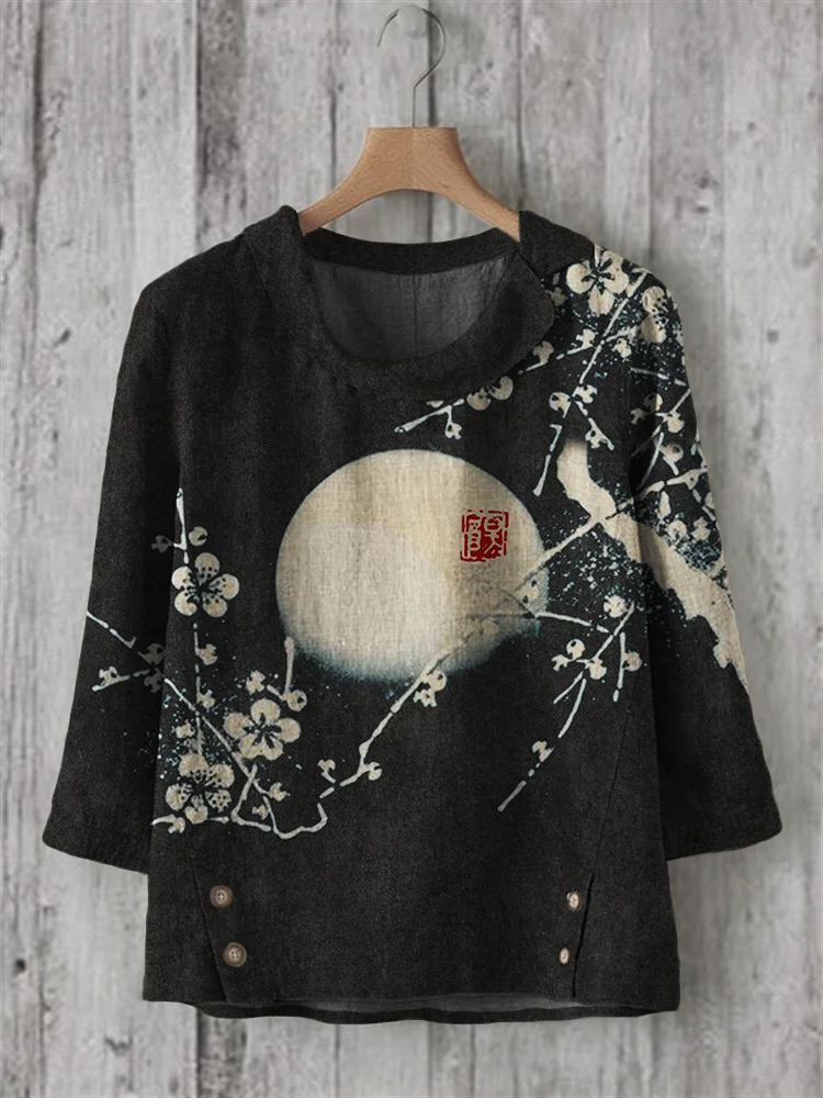 Plum Blossom Full Moon Japanese Lino Art Linen Blend Tunic
