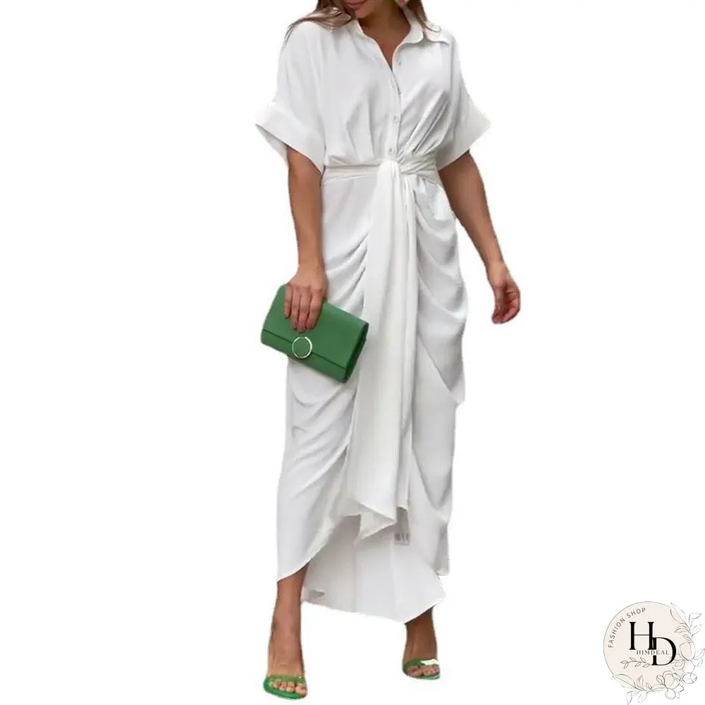 Lapel Mid Length Short Sleeve Single Breasted High Waist Shirt Dress