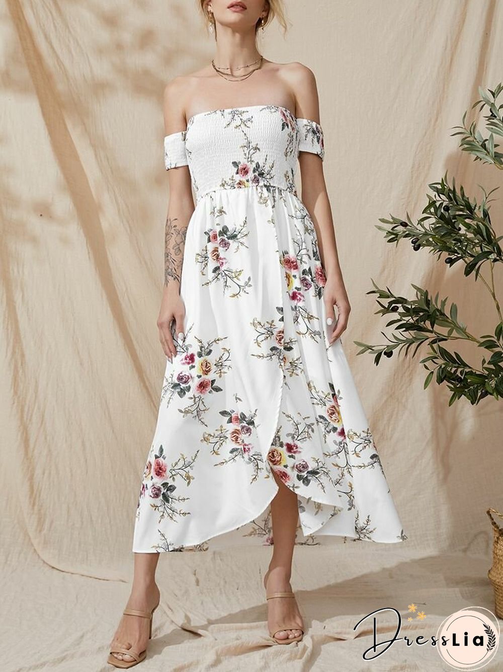 Flower Print Short Sleeve Asymmetrical Hem Maxi Dress