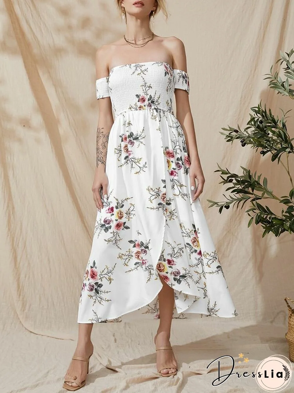Flower Print Short Sleeve Asymmetrical Hem Maxi Dress