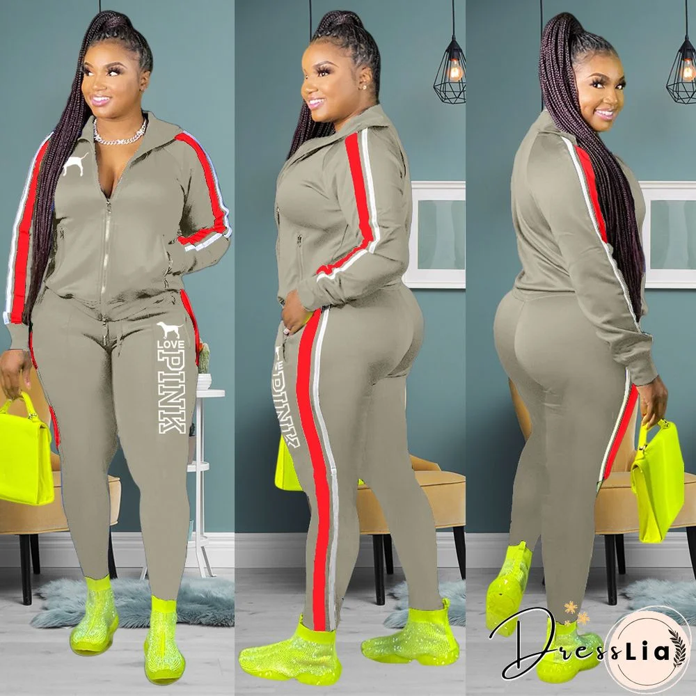 Plus Size Zipper Jacket Tops Sporty Pants Two Piece Set