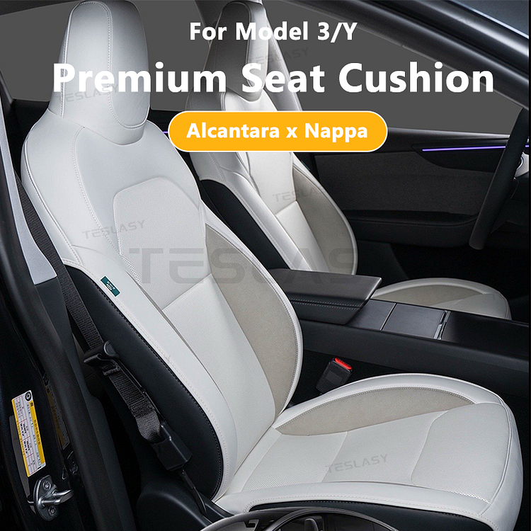 Teslasy Model 3/Y Premium Alcantara & Nappa Leather Seat Cushion – Breathable & Minimalist