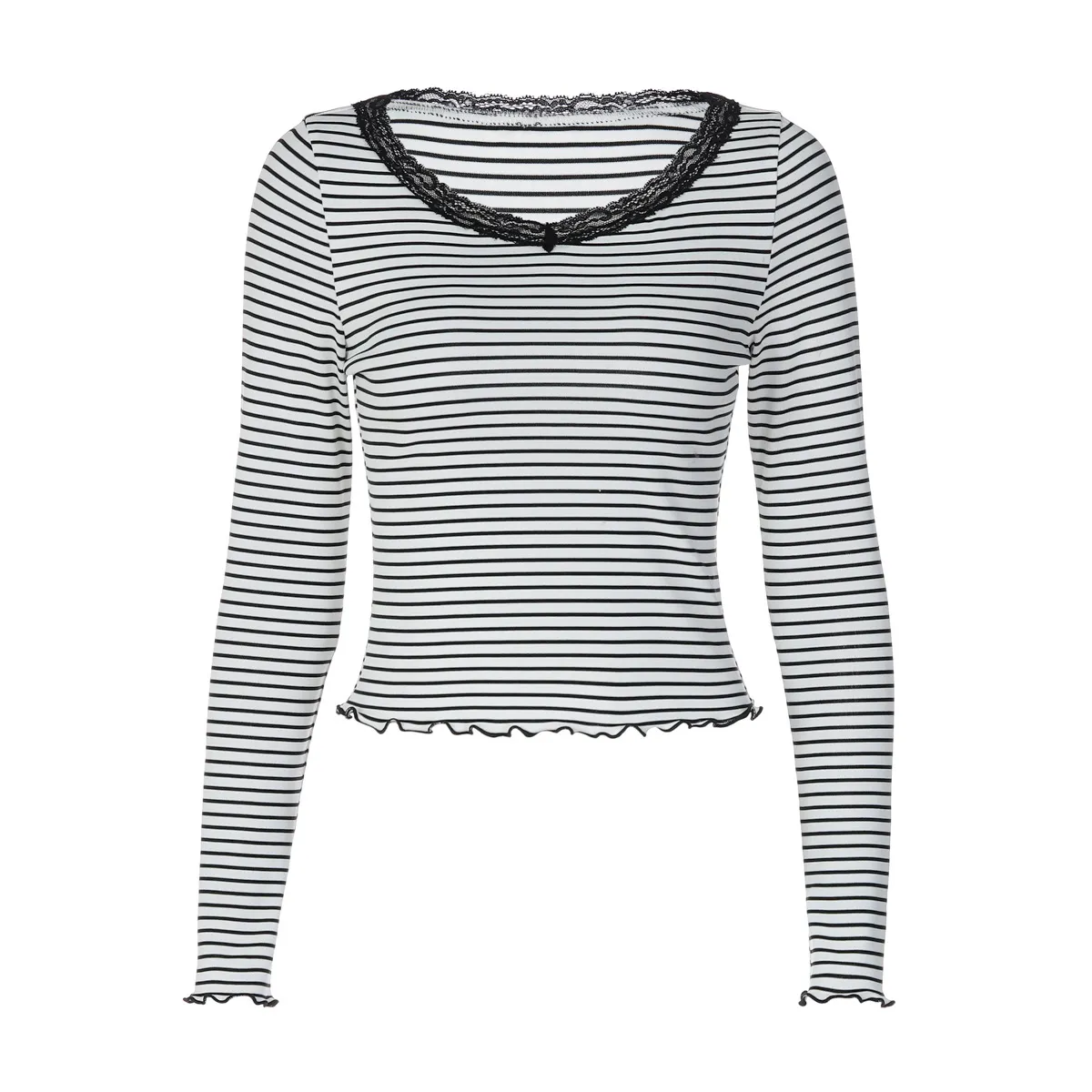 Lace V Neck Ribbed Slim Fit Tee Shirt
