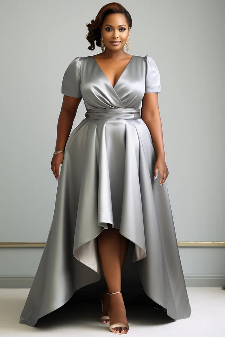 Xpluswear Design Plus Size Mother Of The Bride Silver Elegant V Neck Short Sleeve High Low Hem Satin Maxi Dresses [Pre-Order] 2024 - Xpluswear