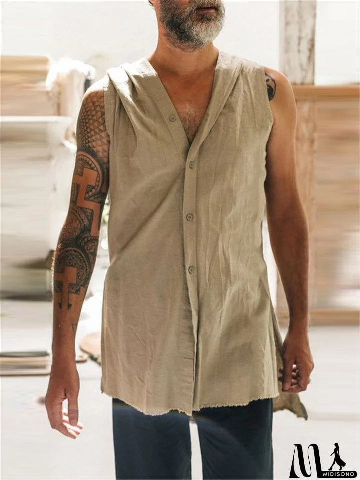 MidiSono - Relaxed Raw Edge Side Slit Linen Cotton Hoodie Mens